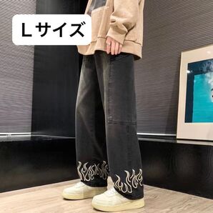 メンズ ジーパン ズボン ワイドパンツ デニム ダメージ加工 大きめ ダボダボ Lサイズ 男女兼用 ユニセックス ブラック