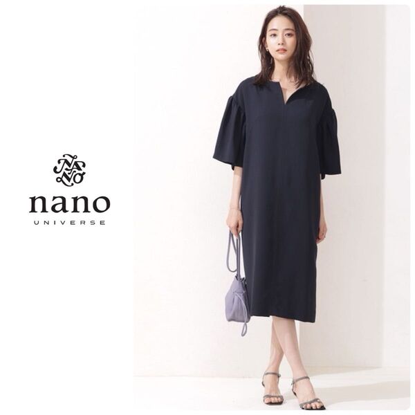 【nano universe】キーネック ギャザースリーブ ワンピース 38