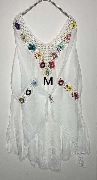 未使用 GRL クロシェ編み長袖チュニック Mサイズ トップス フレア 透け感 大人可愛い 春夏 カラフル 白 無地 体型カバー