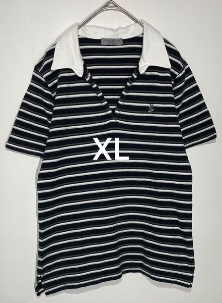 THEORIA 半袖Tシャツ XL(LL)ニット ポロシャツ Vネック ボーダー オフィスカジュアル 春夏