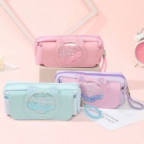 筆箱 ペンケース キラキラ ネコ 女の子 女子 ポーチ 化粧ポーチ 小物入れ 可愛い ストラップ付き ブルー