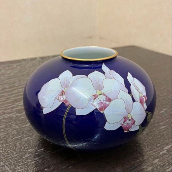 香蘭社 瑠璃 金縁 胡蝶蘭 蘭 花器 一輪挿し 花瓶