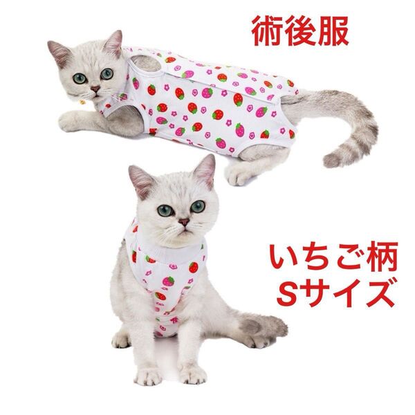【ねこ用】【Sサイズ】術後服 保護服 いちご柄 引っ掻き防止 マジックテープ