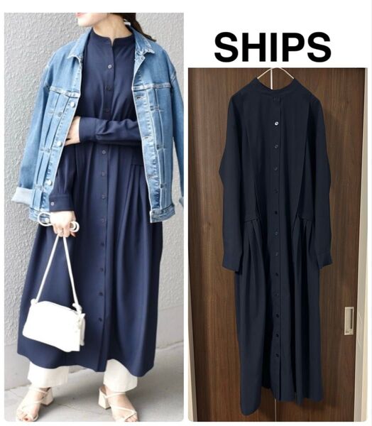 SHIPS シップス タック切替ワンピース 美品 ネイビー