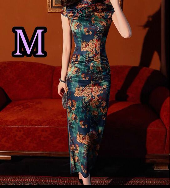 チャイナ服 チャイナドレス Mサイズ 花柄 梅 桜 ブルー グリーン