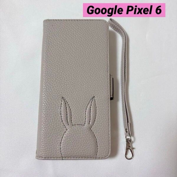 Google Pixel6 ケース 手帳型 可愛い うさぎ 型押し柄 ストラップ付き