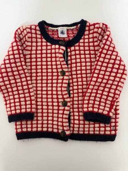 プチバトー カーディガン レッド チェック 18M 81cm PETIT BATEAU