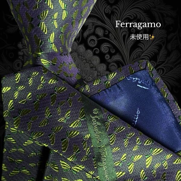 Ferragamo フェラガモ ネクタイ パープルネイビー グリーン 蝶々 光沢