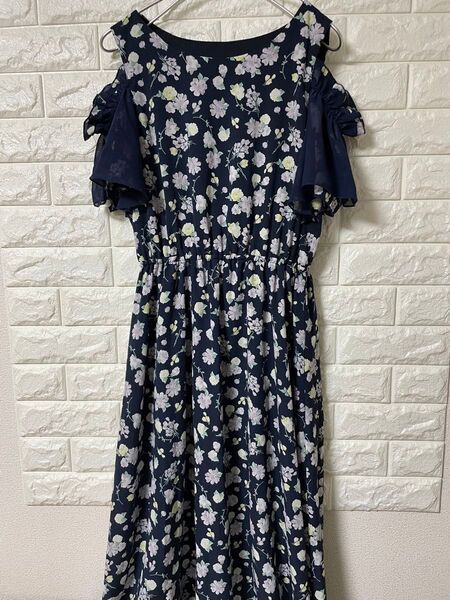 MAJESTIC LEGON ネイビー 花柄 ノースリーブロングワンピース M