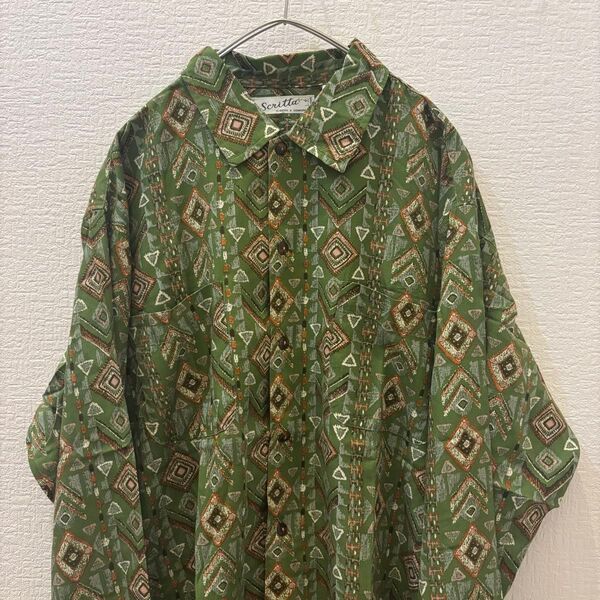 【scnitta】総柄シャツ レーヨンシャツ 古着 長袖 レトロ モダン 個性的