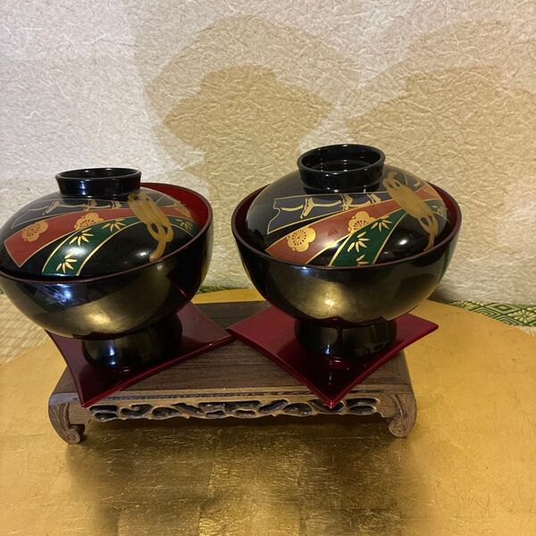 吸物椀 2客セット 本漆塗り 金蒔絵 梅 流水 台付き
