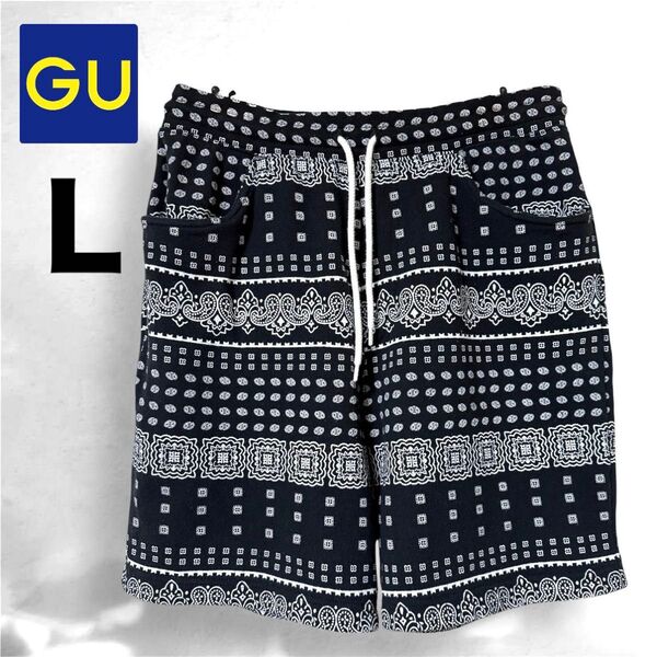美品 ジーユー ペイズリー ハーフパンツ L ブラック 黒 ズボン ハーパン ショートパンツ エスニック ネイティブ GU