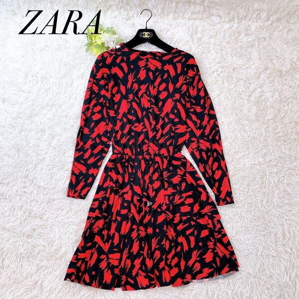 極美品 ZARA ザラ ワンピース 長袖 ひざ丈ワンピース S 黒 赤 レーヨン