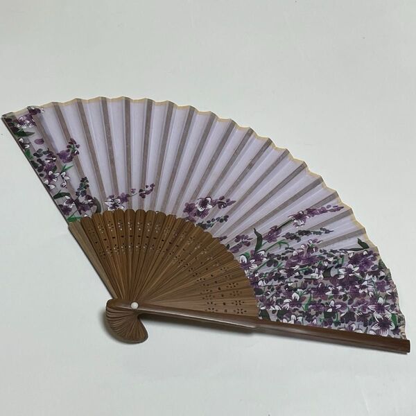 パープル花柄扇子 袋付き【多少シミあり】