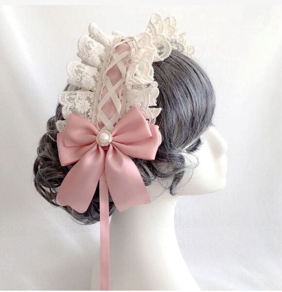 ヘッドドレス 白×ピンク レース リボン ロリータ ゴスロリ ヘアアクセサリー