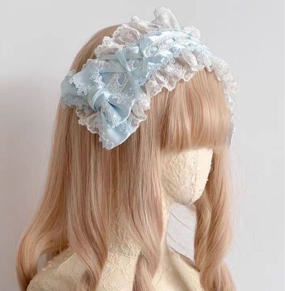 ヘッドドレス 水色×ホワイト フリル レース リボン ロリータ ゴスロリ コスプレ