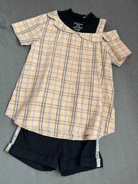 algy 140 150◆オフショルダー Tシャツ&ショートパンツ 肩あき 半袖 ブラウス ブラック 黒 チュニック カットソー
