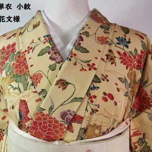美品 単衣 小紋 花に蝶々模様 着物 正絹 茶色帯びた黄色系