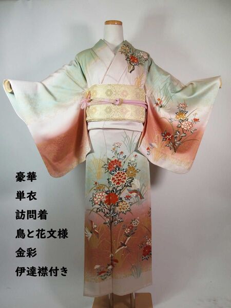 単衣 訪問着 花と鳥文様 金彩 着物 正絹 伊達襟付き ほんのり桜色