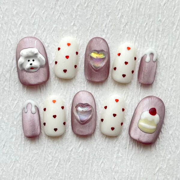 ネイルチップNo.6 オーダー クリーム犬 わんこ ホイップわんこ ハート ドット ホロ マグネット