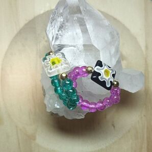 天然石リング 指輪 パワーストーンリング クラック水晶 ミルフィオリ ガラスビーズ 2点set