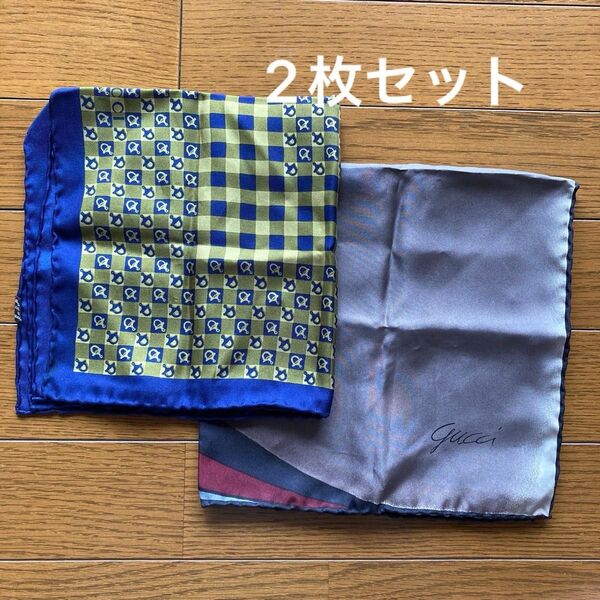 Gucci グッチ シルクハンカチ ポケットハンカチーフ 2枚 メンズ系 紺って緑 グレー ホースビット 中古 バラ売可能