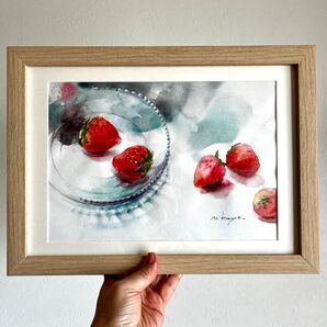 水彩画 原画 苺 フルーツ 井上美香代 真作 絵 絵画 手描き いちご 金運 健康運 家庭運 恋愛運 開運 風水 インテリア