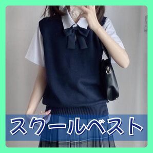 スクールベスト ベスト 女子高生 制服 高校生 通学 フリーサイズ コスプレ 紺 ネイビー 無地 袖なし ニット ニットベスト