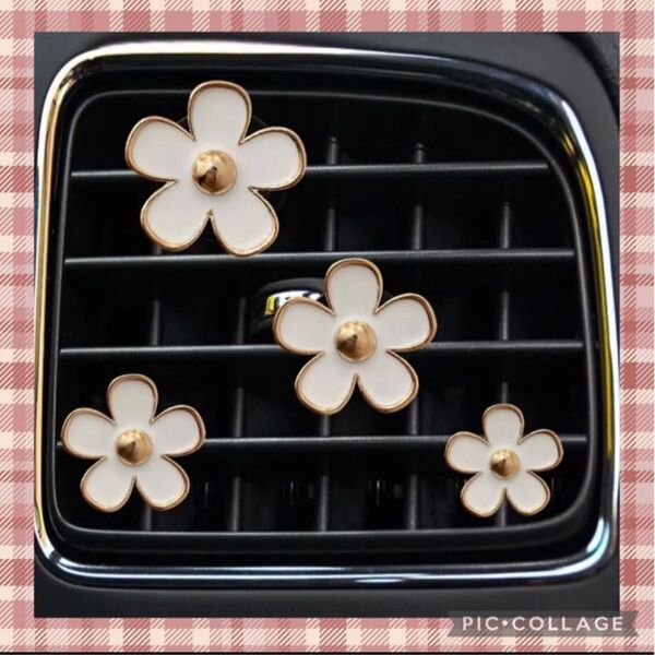 車用 エアコンの吹き出し口に付ける飾り お花のクリップ ホワイト×ゴールド 黒色 装飾品 車内アクセサリー インテリア 車の飾り