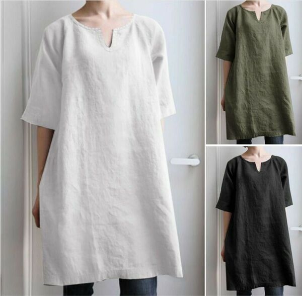【ホワイト】コットンリネン チュニック レディース トップス ロングカットソー Tシャツ ワンピース カットソー tシャツ