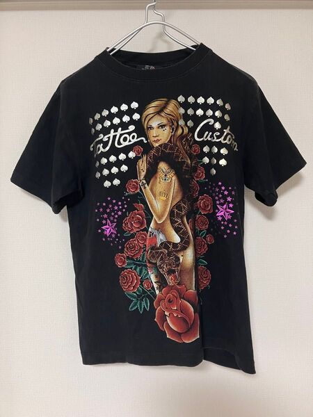 ビンテージ 古着 Tシャツ 美女 蛇 薔薇 両面プリント
