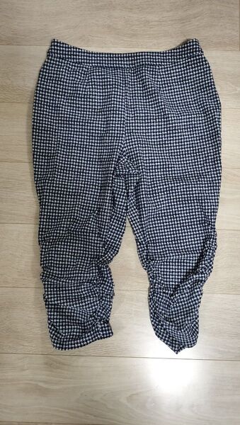 ギンガムチェック パンツ ネイビー 七分丈 日本製