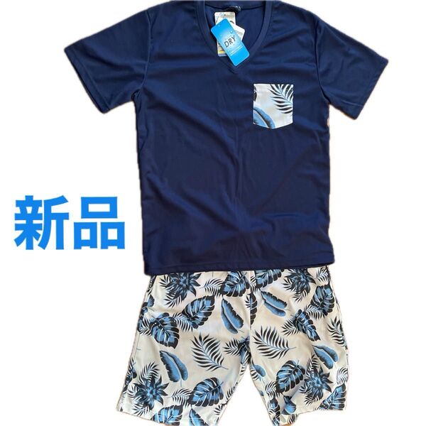 新品★タグ付き★メンズ 半袖ドライTシャツ★ショートパンツ セットアップ ★ルームウェア ネイビー★リゾート★LLサイズ