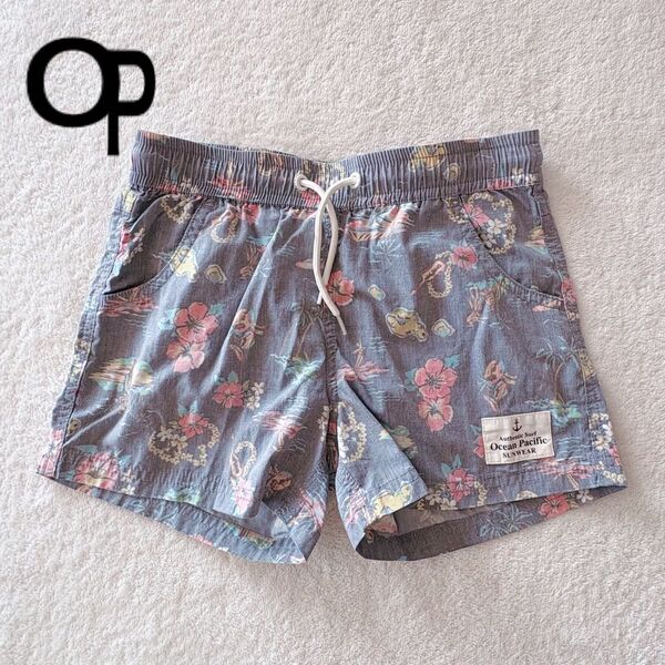 キッズ 140 女の子 OP オーシャンパシフィック サーフパンツ 水着 水着パンツ スイムウェア ショート丈 グレー 花柄