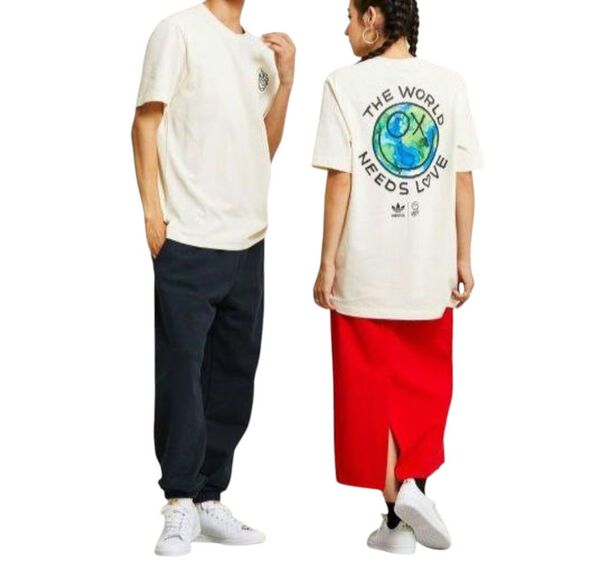 adidas アディダス Tシャツ 猫刺繍入り クリーム色 半袖 Tシャツ