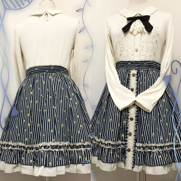 【2点セット】花柄×ストライプ柄フレアスカート、ジャボ付きカットソー★axesfemme
