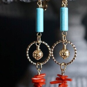 イヤリング 022 ターコイズと赤色珊瑚のイヤリング 天然石・パワーストーンイヤリング