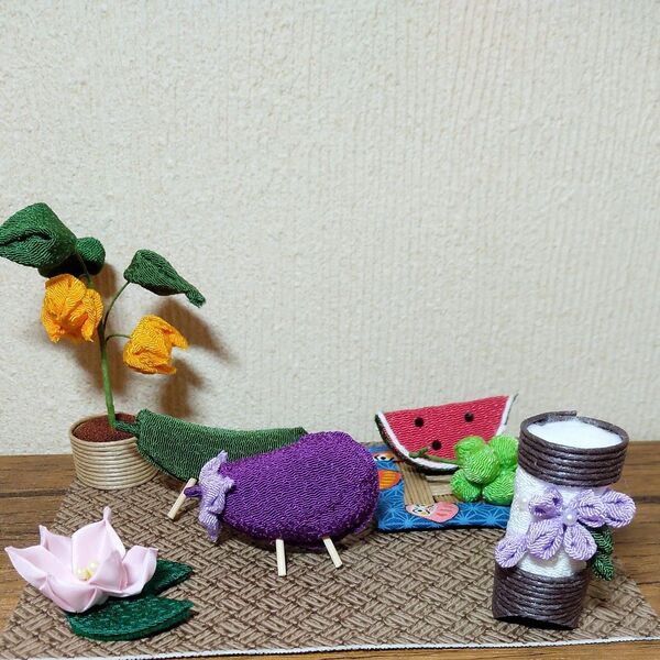 つまみ細工精霊馬、盆提灯、ほおづき、蓮、くだもの(10点セット)