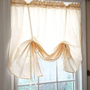 カフェカーテン ナチュラルコットン♪リボンアップカフェカーテン レース付き 横114×縦120 キナリ アイボリー ベージュ