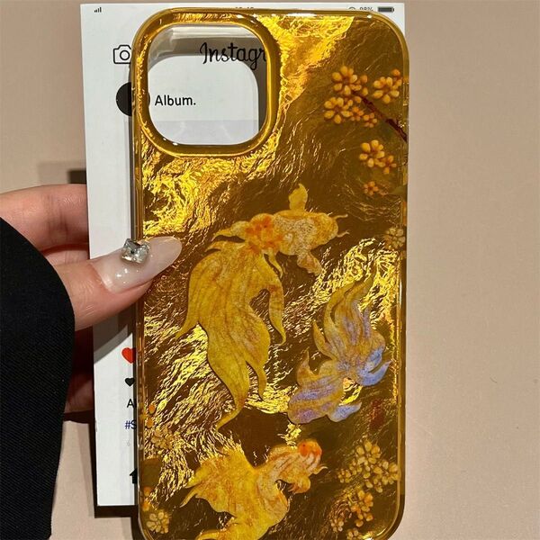 iphone13pro スマホケース 金魚 iPhoneケース ゴールド レジン 和風