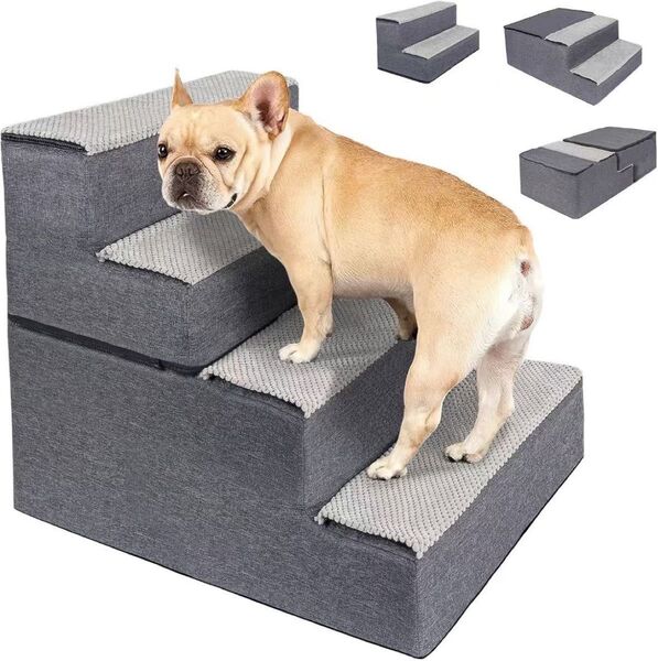 ペット用 グレー 犬 猫 犬用 犬 猫 ベット ソファー 用 階段 ペット 介護用 滑り止め付 4段 スロープ