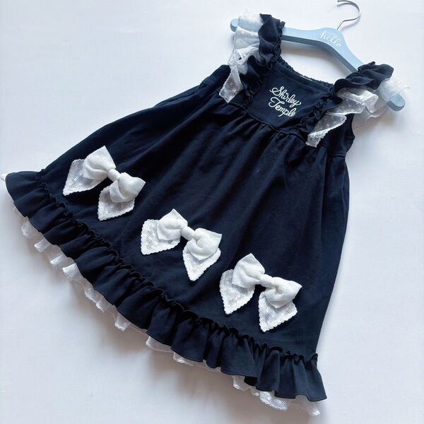 美品 Shirley Temple フレアワンピース フリル リボン 黒 110