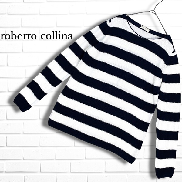 美品 roberto collina ロベルトコリーナ トゥモローランド ボーダー 長袖 コットン ニット カットソー セーター 白 紺 レディース 2075D□