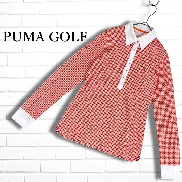 ◆美品◆ PUMA GOLF プーマ ゴルフ ストレッチ ロゴ 刺繍 千鳥格子柄 長袖 ポロシャツ ウェア レディース M ◆送料無料◆ 2805D□
