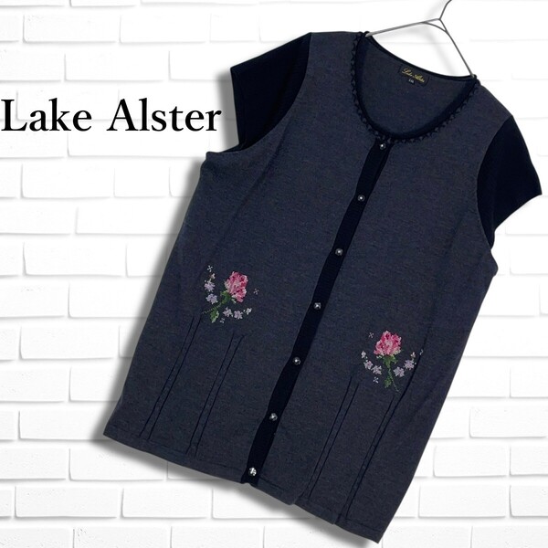 ◆美品◆ Lake Alster レイクアルスター ウール 100% 花 フラワー 刺繍 ニット カーディガン グレー 黒 レディース L-LL XL 3055D◇