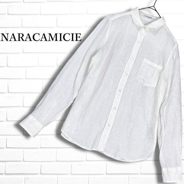 ◆良品◆ NARACAMICIE ナラカミーチェ リネン 麻 100% 刺繍 長袖 シャツ ブラウス 白 ホワイト レディース 1 M ◆イタリア製 3645D◎