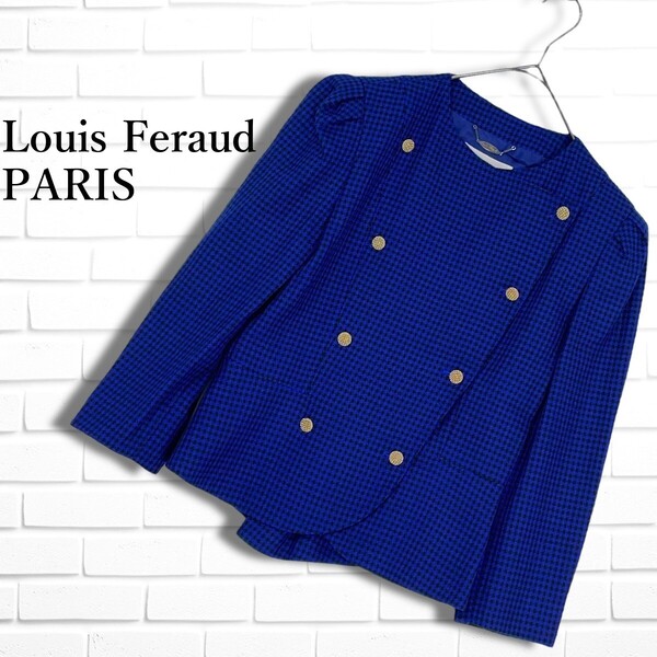 ◆美品◆ Louis Feraud ルイフェロー ウール 総柄 金ボタン レトロ ノーカラー ジャケット 黒 青 レディース 送料無料 3965D◇