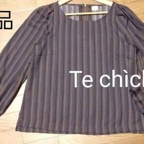 【新品】Te chichi テチチ 長袖バックジッブブラウス 茶×濃紺ストライプ 薄手 透け感無し 軽量 上質【フォロー割可】