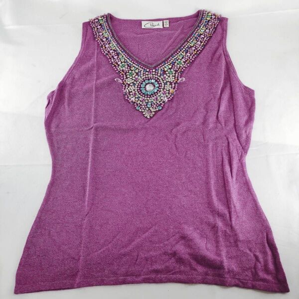 A-15【良品】ノースリーブ タンクトップ サイズL カットソー ベスト ビジュー ビーズ ラインストーン トップス ヴィンテージ