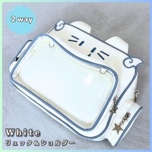 【2way】ネコ 天使界隈 痛バ ホワイト リュック&ショルダー 病みかわ 涙目 リュック 猫バック